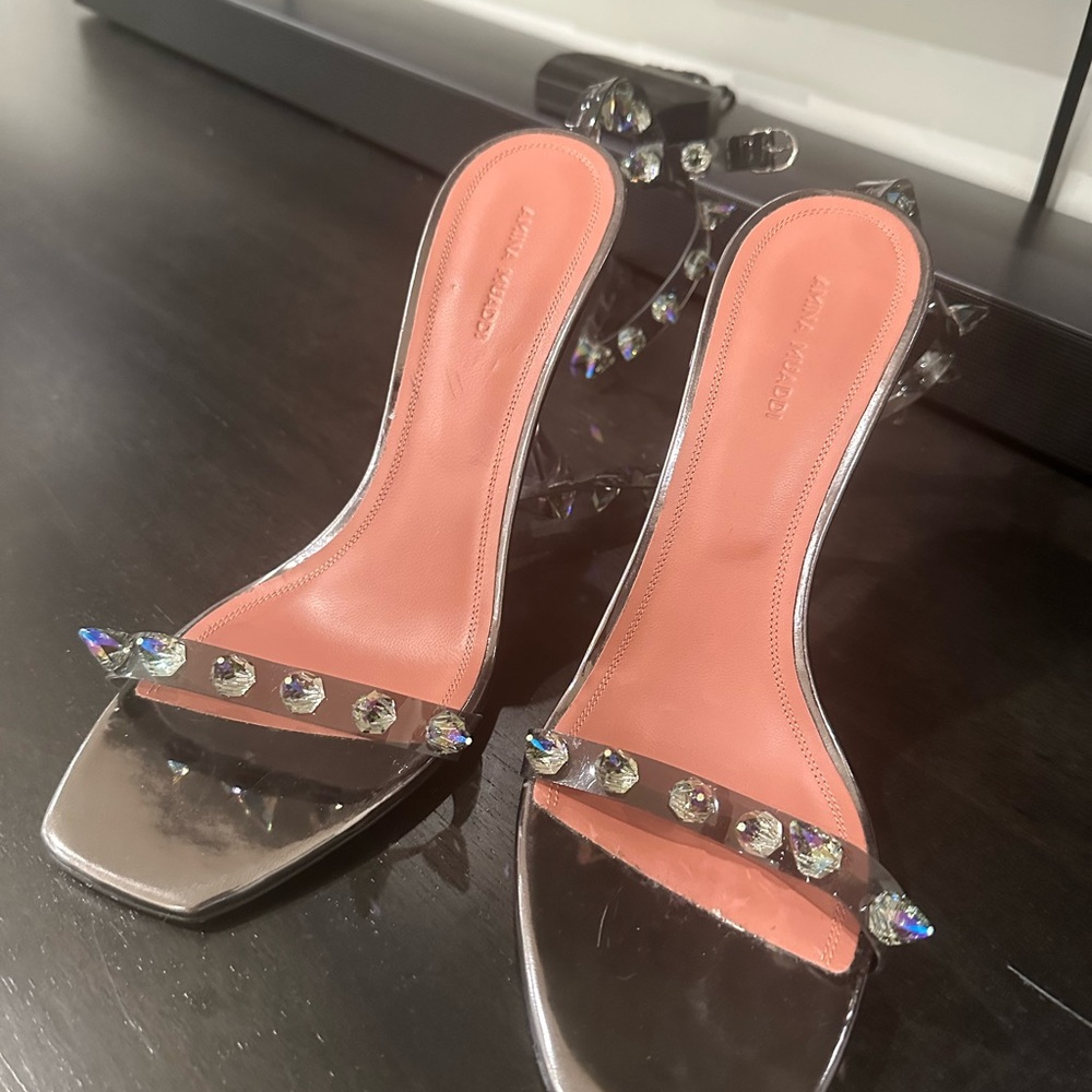 Amina Muaddi Julia Dark Gray Crystal Glass Spike Heel